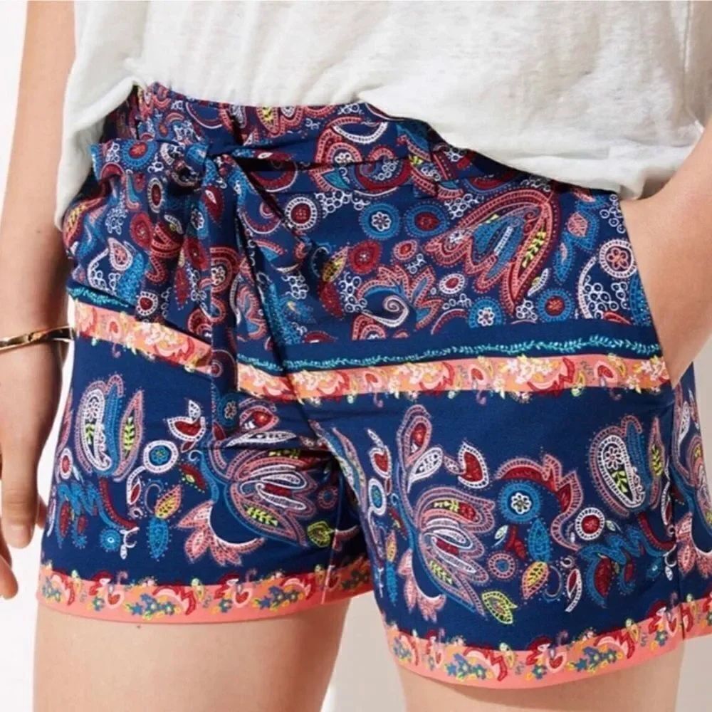 LOFT Blue Multicolor Paisley Belted Shorts Size 10